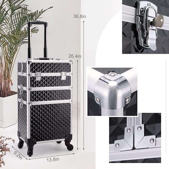 3 in 1 Professional Rolling Makeup Train Case Aluminum Trolley Case with 360° Rotation Wheels for Makuep Artist Cosmetic Suitcase Organizer with Lock and Key Diamond Pattern - Black - Image 5