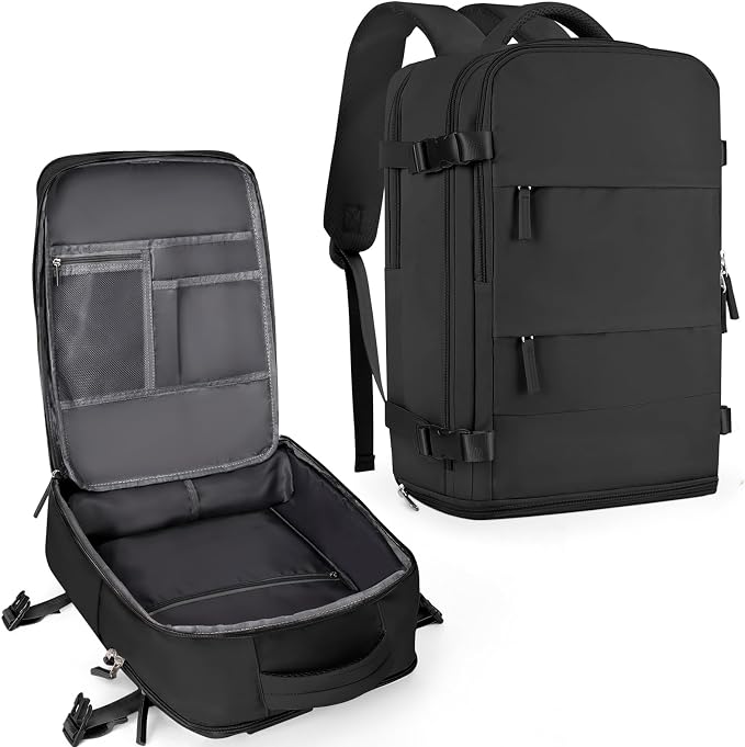 coowoz Travel Backpack For Women Men,Carry On Backpack Flight Approved,Hiking Backpack Water-Resistant Outdoor Sports Rucksack Casual Daypack Fit 15.6 Inch Laptop Shoes Compartment (Black) by coowoz