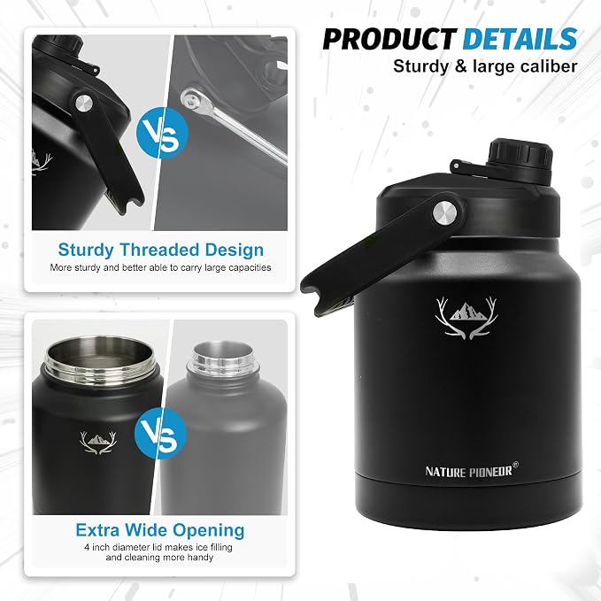NATURE PIONEOR 84 oz Insulated Water Bottle Jug with Carrier Bag | 18/8 Food-grade Stainless Steel, Double Vacuum Insulation, Wide-Mouth, Straw & Spout Lid, Strap, Camping, Hiking, Gym, Work - Image 5