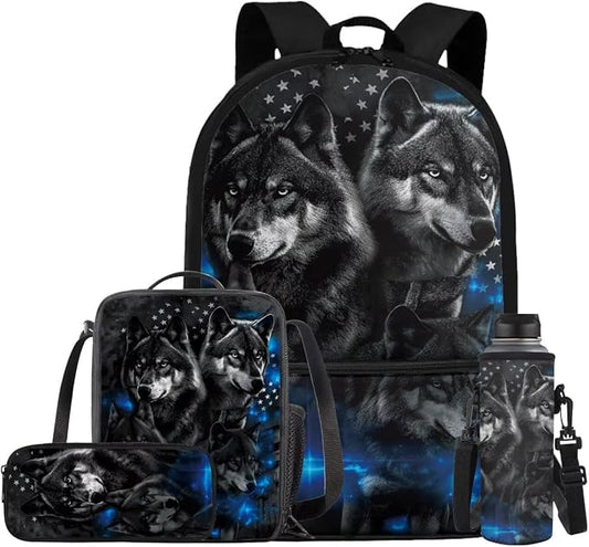 American Flag Wolf Backpack for Boys Kids Backpack with Lunch Box Water Bottle Holder and Soft Pencil Pouch 4PCS Set Cute Bookbag with Front Pocket for School Teens 17 inch Large School Bag by ELEDIZI