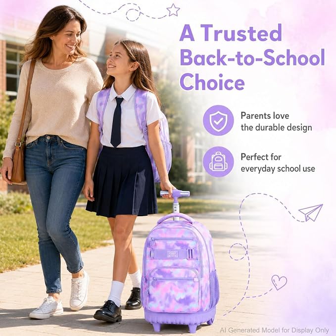 3Pcs Rolling Backpack for Girls, 19 Inche Women Roller Bag with Wheels for Adults, Wheeled Bookbag with Lunch Box(Purple) - Image 8