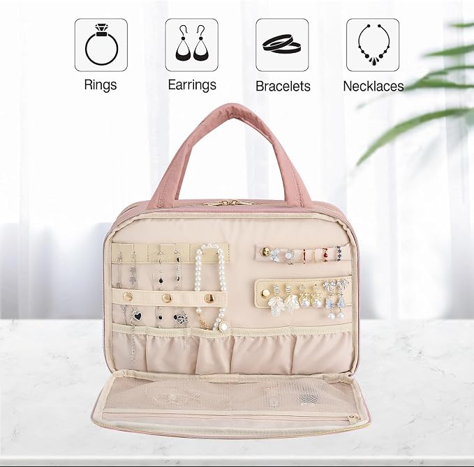 Hanke Hanging Travel Toiletry Bag for Women with Jewelry Organizer Compartment, Travel Essentials Toiletries and Makeup Bag, Water-Resistant & Stain-Resistant with Trolley Strap (Pink) - Image 3