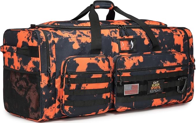 Extra Large Duffle Bag for Men, Heavy Duty Duffle Bag for Travel, Large Sports Gym Equipment Bag for Hockey Football Soccer Baseball Basketball & Team training (Orange Graffiti) by HAMBOLY