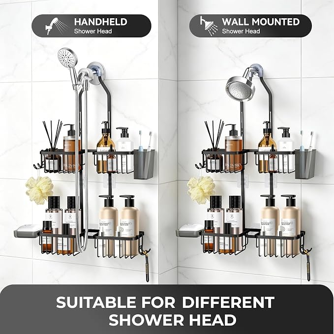 Adjustable Hanging Shower Caddy for Handheld Showerhead, Rustproof Aluminum Over Shower Head Organizer, Renter-Friendly No-Swing Storage for Tall Bottles & Soap, 2-Tier, Black - Image 8