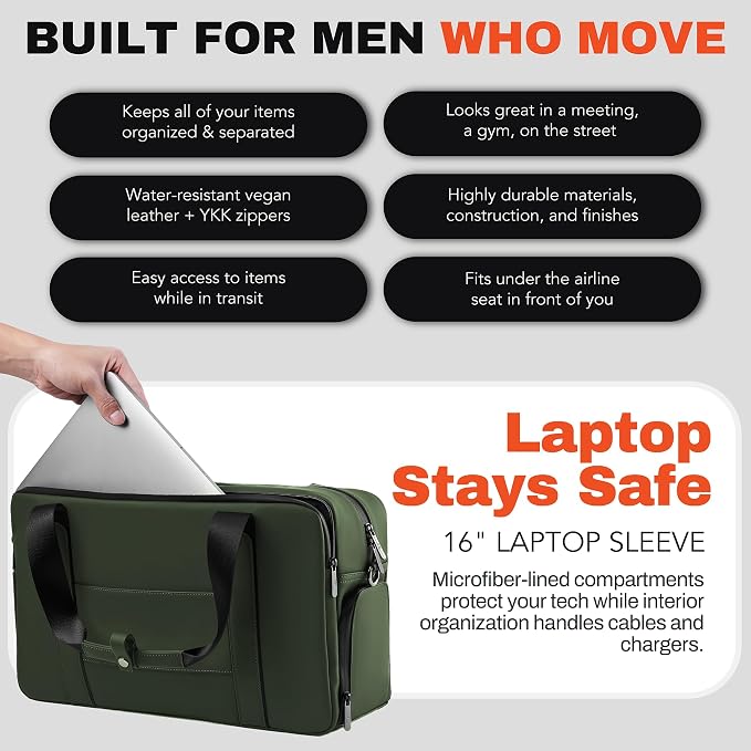 The FTL Lite Mens Gym to Office Bag - 17L Briefcase Gym Bag Hybrid with Shoe Compartment & 16" Laptop Sleeve - Executive Daily Carry & Overnight Duffel for Athletic Business Pros - Abbot Green - Image 4
