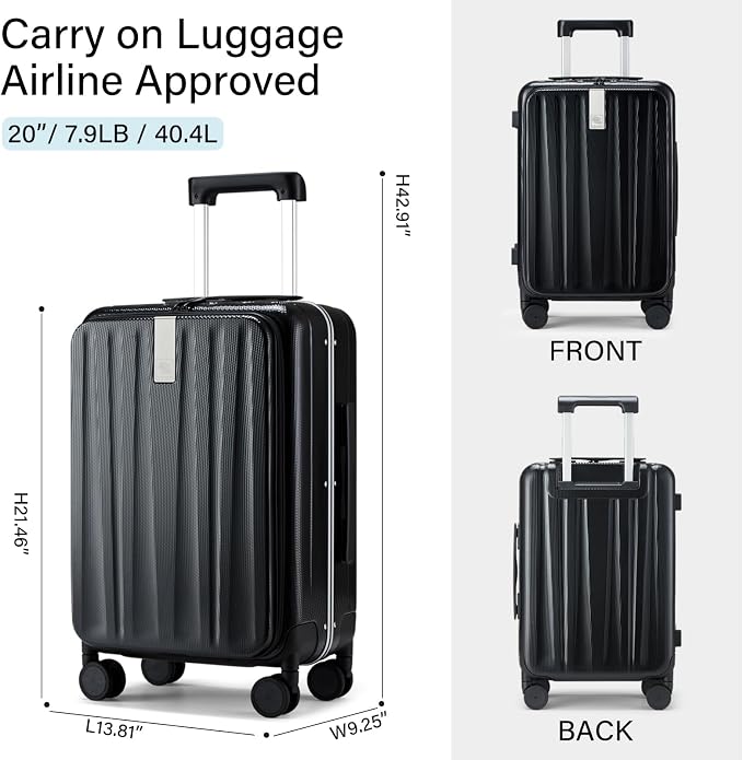 Hanke 20 Inch Carry On Luggage Hard Shell Suitcases with Wheels Luggage Suitcase Travel Luggage for Women Men Rolling Luggage Bags for Business Trip Weekender-Black - Image 3