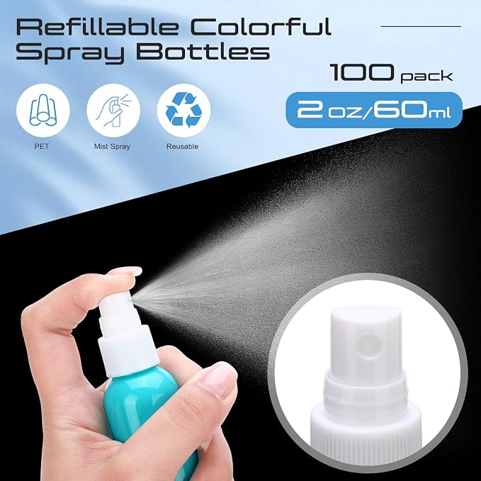 LemonRoad 100 Pack 2 oz Mini Spray Bottles Bulk Small Plastic Fine Mist Spray Bottles Pink Blue Asst Colors Leak Proof Mini Empty Refillable Travel Size Hair Colorful Sprayer Bottle for Cleaning - Image 4