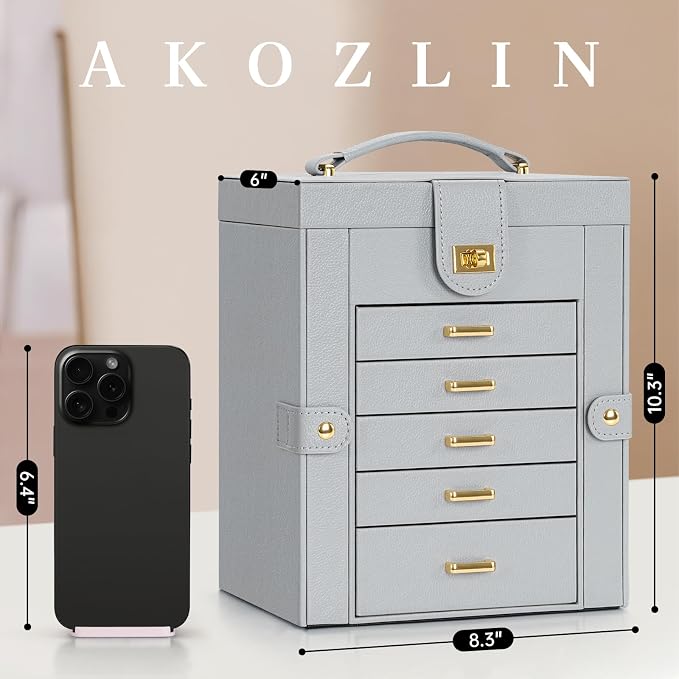 AKOZLIN 6-Tier Jewelry Box Organizer Functional 5 Drawers Leather Jewelry Storage Case for Women Girls Ring Necklace Earring Bracelet Holder Organizer with Mirror Grey Regular - Image 3