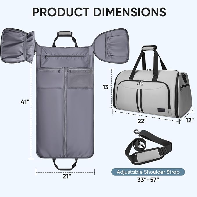 BALEINE Travel Garment Bag, Travel Suit Bag for Men, Water Resistant Carry on Garment Bag for Hanging Clothes, Garment Duffel Bag for Travel Business (Gray-Convertible) - Image 2