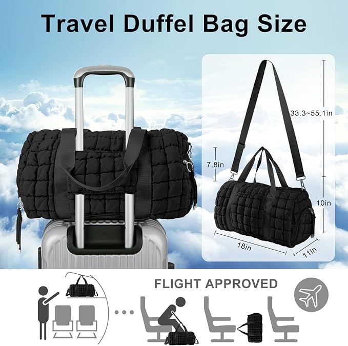 Quilted Travel Duffle Bag Gym Bag for Women,Large Puffer Duffle Weekender Bag with Compartment,Workout Overnight Carry on Organizer Bag Duffle Bag for Airplane Travel(Black) - Image 2