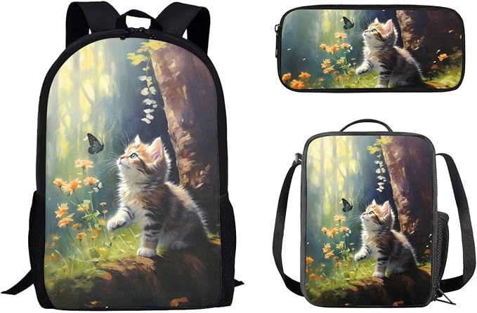 Mumeson 3D Cat Kid's Backpack Set for Elementary or Middle School Bags Backpack Set and Insulated Lunch Tote Bags Shoulder Bags Small Pencase 3 Pack by Mumeson