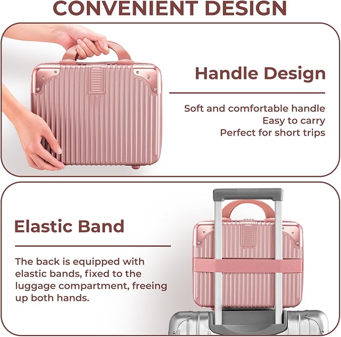 Noverlife 14 Inch Portable Makeup Travel Case Hand Luggage, Pressure-proof ABS Carrying Makeup Case Suitcase with Elastic Band, Small Hard Shell Cosmetic Case for Travel Camping Women Girl - Rose Gold | 14 Inch Hard Shell Cosmetic Case for Women Girl, ... - Image 5