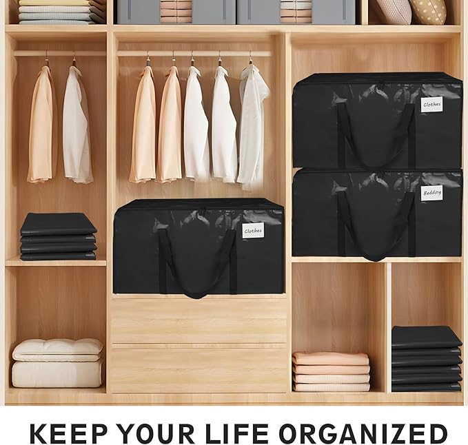 8 Pack-Extra Large Heavy Duty Moving Bags - Waterproof Storage Totes with Handles & Zippers, Foldable for College Dorm, Storage (Black) - Image 5