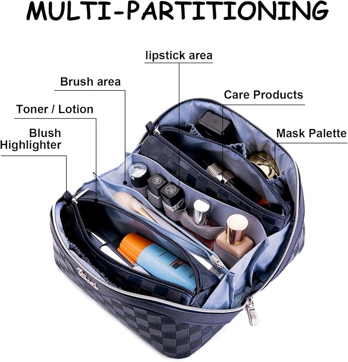 BOYATU Travel Makeup Bag Organizer: 3 Pcs Set Large Capacity Cosmetic Bags Holds 10–20 100ml Full-Size Bottles - 180°Open-Flat Make up Case 3-sec touch-up - Toiletry Bag Gift women (03-A-Dark Blue) - Image 3