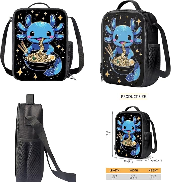 Blue Axolotl Backpack with Lunch Box Kids Girls 6-8/5-7 Ramen Bookbag for 1st Grade Lunch Bag Pencil Case 3 in 1 Set Anime Back Pack Toddler Teen Elementary School Book Bags Preschool - Image 5
