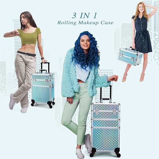 Faquenc 3 in 1 Rolling makeup case Cosmetology Case on Wheels Train Case Makeup Organizers Storage Cart Cosmetic Trolley Travel Barber Suitcase for Make up Artist Nail Tech Hair Lockable, Shiny Mint - Image 7