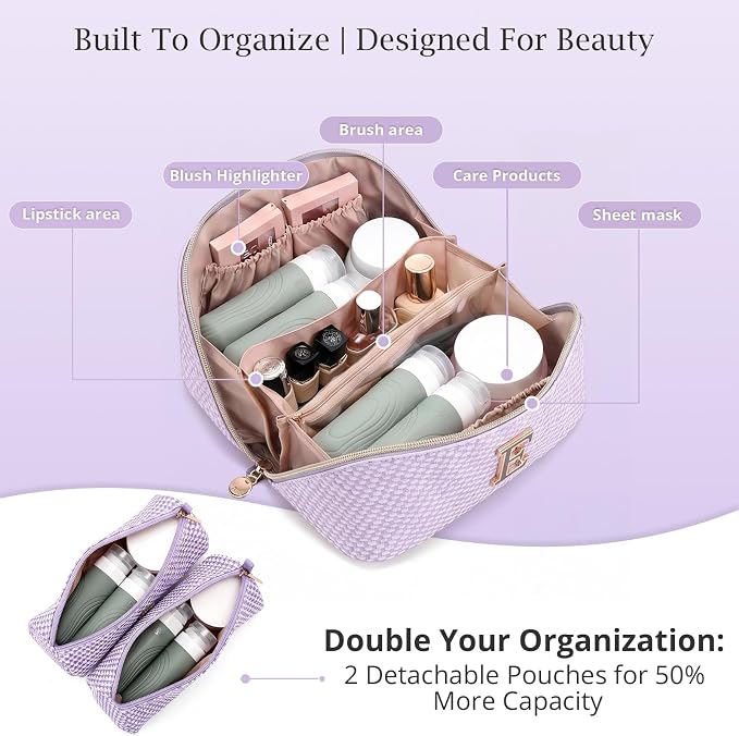 Personalized Gift Travel Makeup Bag: Initial Makeup Organizer Bag for Women | 3-in-1 Custom Make up Bag Set - Vegan Leather Travel Cosmetic Bag - Luxury Gift for Women – Birthday, Anniversary, Graduation - Image 3