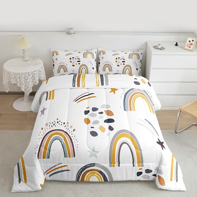 Rainbow Comforter Set Kawaii Decor, Rainbow Stripes Duvet Insert For Kids Girls Children Bedroom, Colourful Cute Cartoon Quilt Girly Iridescent Confetti Bedding Set With 2 Pillow Cases, Full Size - Image 3