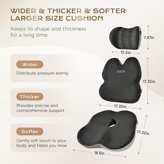 Coverado Seat Cushions Neck Pillow Lumbar Support Pillow for Car, Memory Foam Office Chair Back Support Orthopedic Coccyx Cushion with Non-Slip Bottom Neck Butt Back Pillow for Chair Truck Gray&Black - Image 2