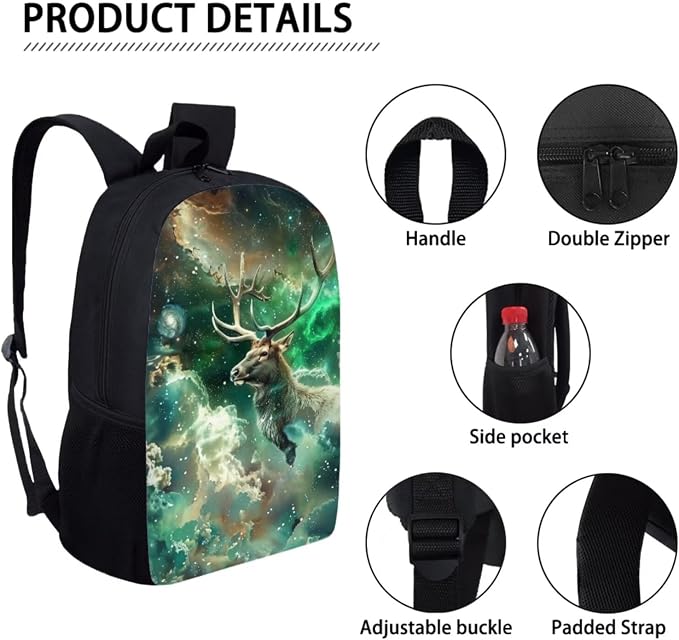 17 Inch Animal Print School Backpack And Lunch Box Set for Kids Lightweight Fantastic Galaxy Deer Backpack for Boys Girl Sturdy School Bag with Insulated Lunchbox Pencil Case Student Bookbag - Image 4