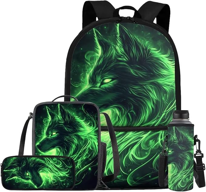 Galaxy Wolf Backpack for Boys Girls Backpack with Lunch Box Water Bottle Carrier and Large Pencil Case 4PCS Set Lightweight Bookbag with Front Pocket for School 17" Sturdy School Bag for Kids by ELEDIZI