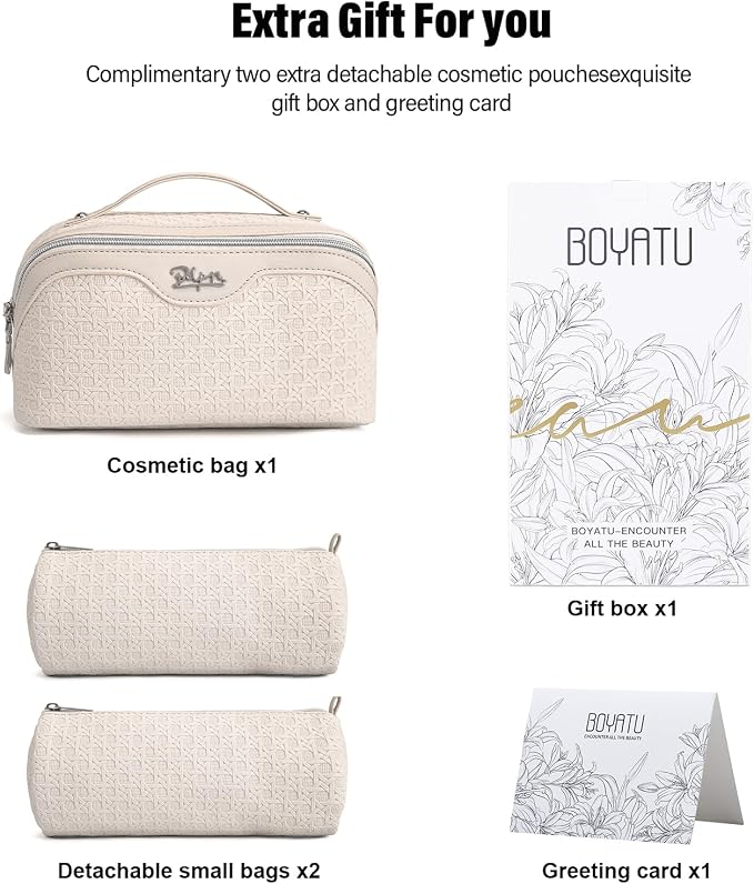 BOYATU Travel Makeup Bag Cosmetic Bags for Women: Large Capacity 3 Pcs Set Make up Bag with Compartments - Waterproof Vegan Leather Toiletry Organizer Bags with Handle (M-72Off-white) - Image 6