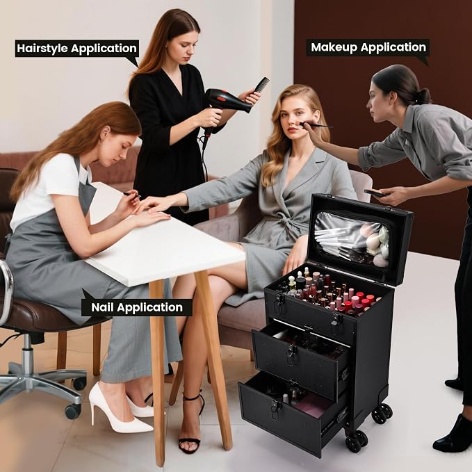 Professional 3 in 1 Rolling Makeup Case Cosmetology Case on Wheels 2 Large Drawer Nail Case Trolley Traveling Cosmetic Train Case with Makeup Pouch for Artists Nail Technician Salon Cart Trunk Black - Image 3