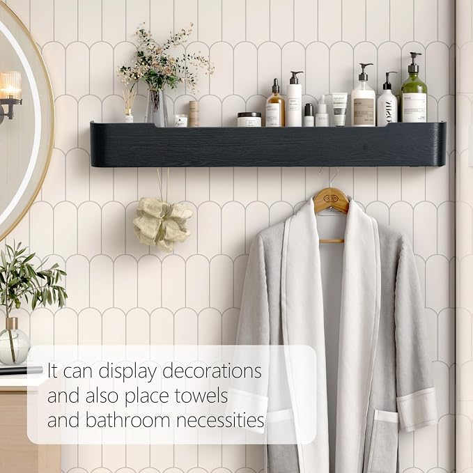 Coat Rack Wall Mount with Shelf 8 Hidden Hooks Modern Wooden Key Holder Entryway Organizer for Hallway Bedroom Bathroom Home Decor Storage for Hanging Coats Hats Bags Towels, Black - Image 6