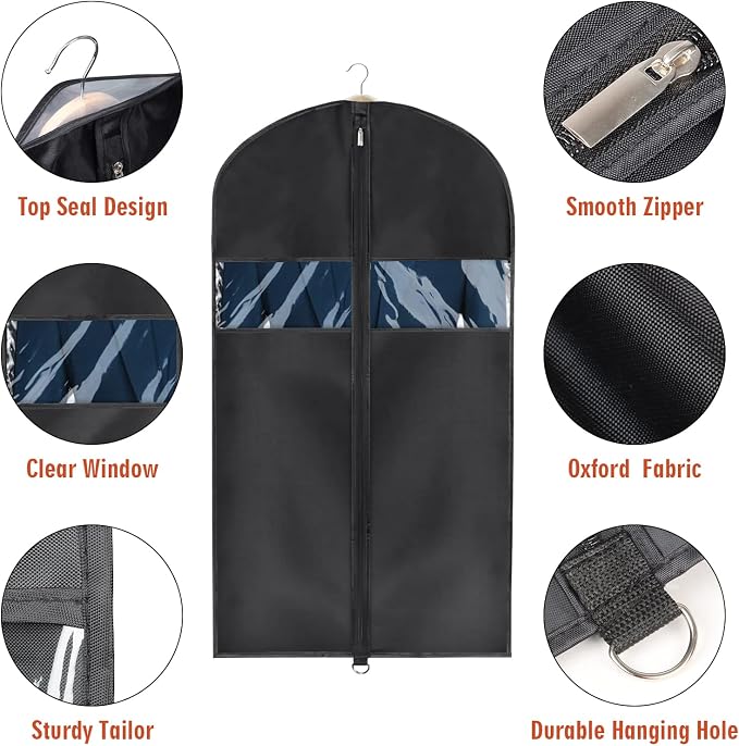 Univivi 8 Pack Suit Bags 43" Waterproof Black Garment Bag, Coat Covers from Dust with Zipper and Transparent Window, for Hanging Clothes, all coats, suits, women shirts, tuxedos, uniforms, winter - Image 3