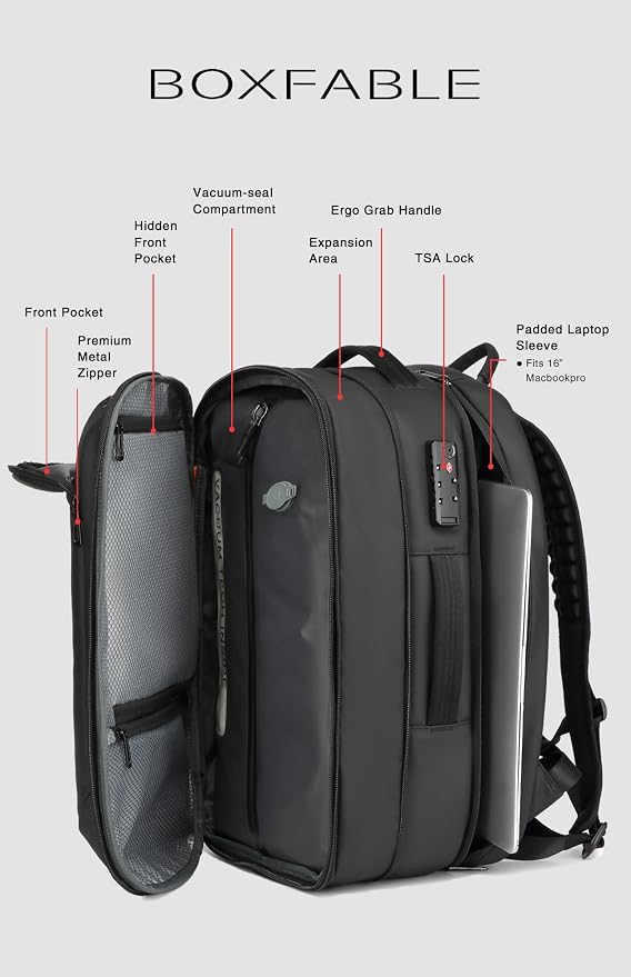 Vacuum Seal Travel Backpack 45L with Pump, Expandable Carry On Backpack with Air Compression System, Water Resistant TSA Lock, Fits 16" Laptop for Travel - Image 5