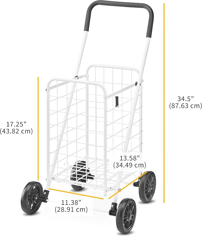 Whitmor Folding Utility Shopping Cart with Wheels, Heavy Duty Metal Grocery Cart, Portable Foam Handle, Rolling Collapsible Trolley for Groceries, Laundry, Storage, White - Image 6