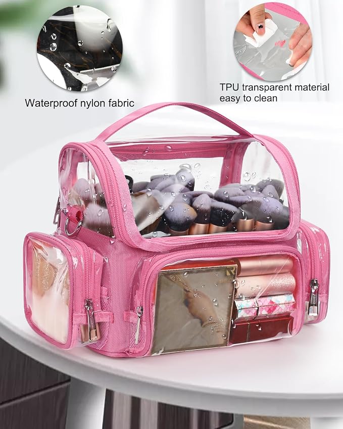NAONAYA Pink Makeup Brush Bag, Large Makeup Brush Holder Professional Makeup Artist Travel Case Clear Waterproof Cosmetic Organizer Bag, Full Open Easy to Access, with Adjustable Strap and Dividers - Image 6