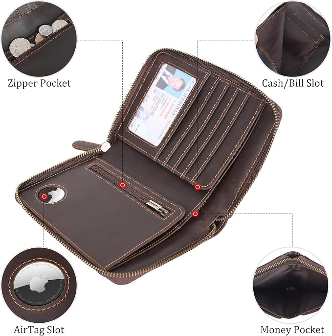 Polare Full Grain Leather Travel Passport Wallet with YKK Zipper and RFID Blocking Document Organizer Holder 2 Passports (Dark Brown with AirTag Slot) - Image 4
