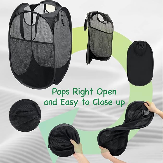 AQQA 6 Pcs Handy Laundry Collapsible Mesh Foldable Hampe (Black/White/Blue),Popup Laundry Basket with Durable Handles,Pop-up Mesh Hamper Dirty Clothes Basket for Kids Room, College Dorm or Travel - Image 4
