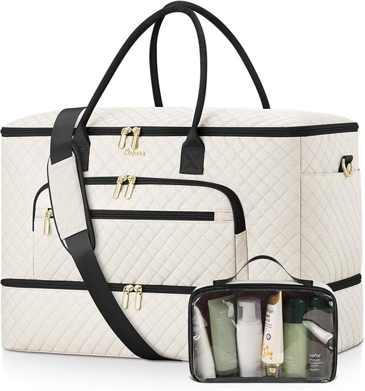 Travel Duffle Bag, Wide Open Large Weekender Bag for Women with Shoe Compartment, Carry on Overnight Bags with Toiletry Bag, Hospital Bag for Women Labor Delivery with Wet Pocket (Beige Black) by Unknown