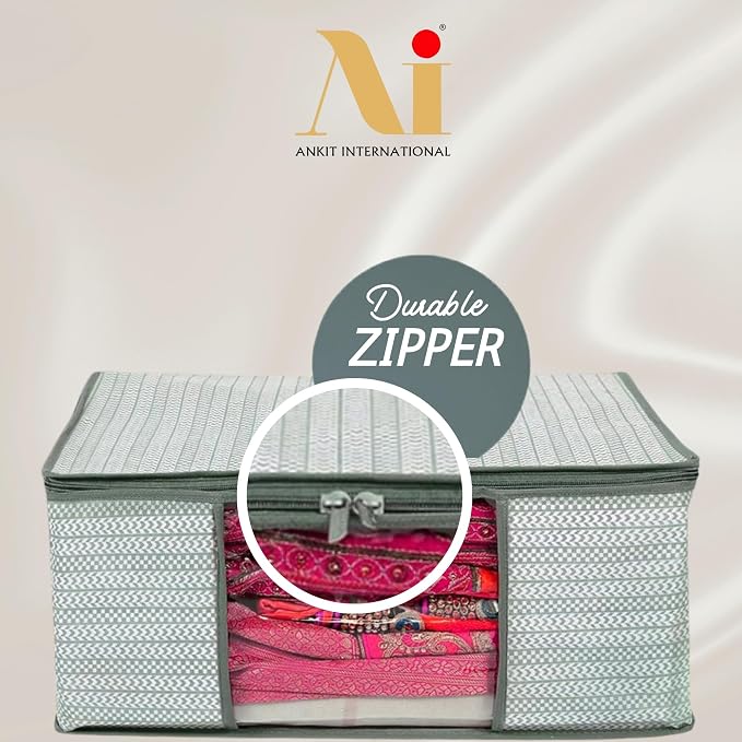 ANKIT INTERNATIONAL Grey Saree Cover Storage Bags Pack of 03 – Non Woven Foldable Clothes Storage Organizer with Zipper & Clear Window, Wardrobe Garment Storage for Sarees, Dresses - Image 6