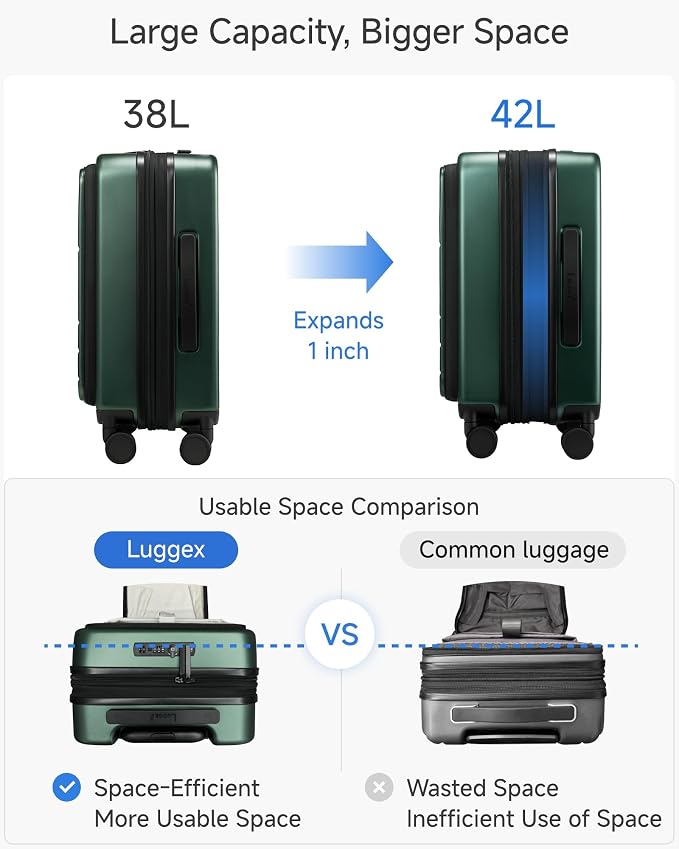 LUGGEX Carry On Luggage 22x14x9 Airline Approved, Expandable Polycarbonate Suitcase with Front Pocket (FX-Core, Green, 20 Inch) - Image 4