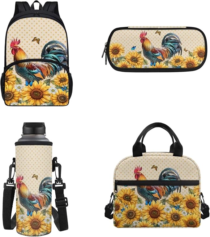 4 Pcs Sunflower Chicken Print Kids Backpack Girls Flower Butterfly Rooster Schoolbag with Insulated Lunchbag Crossbody Water Holder Case Pencil Box,Preschool Students Bookbag Set for School by FUIBENG