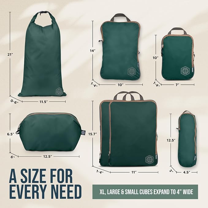 Large Compression Packing Cubes for Travel-Packing Cube Luggage Organizers 7 Piece Set for Checked Luggage-Ultralight, Expandable/Compression Bags by TRIPPED Travel Gear (Green and Brown) - Image 4