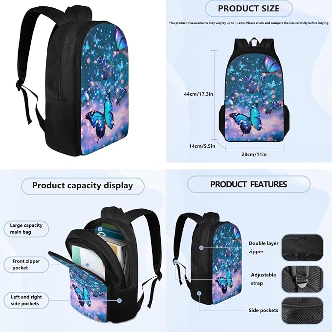 Butterfly Backpack for Girls Kids Backpack with Lunch Box Water Bottle Carrier with Strap and Aesthetic Pencil Case 4PCS Set Bookbag with Compartments for School Teens 17 inch Large School Bag - Image 4