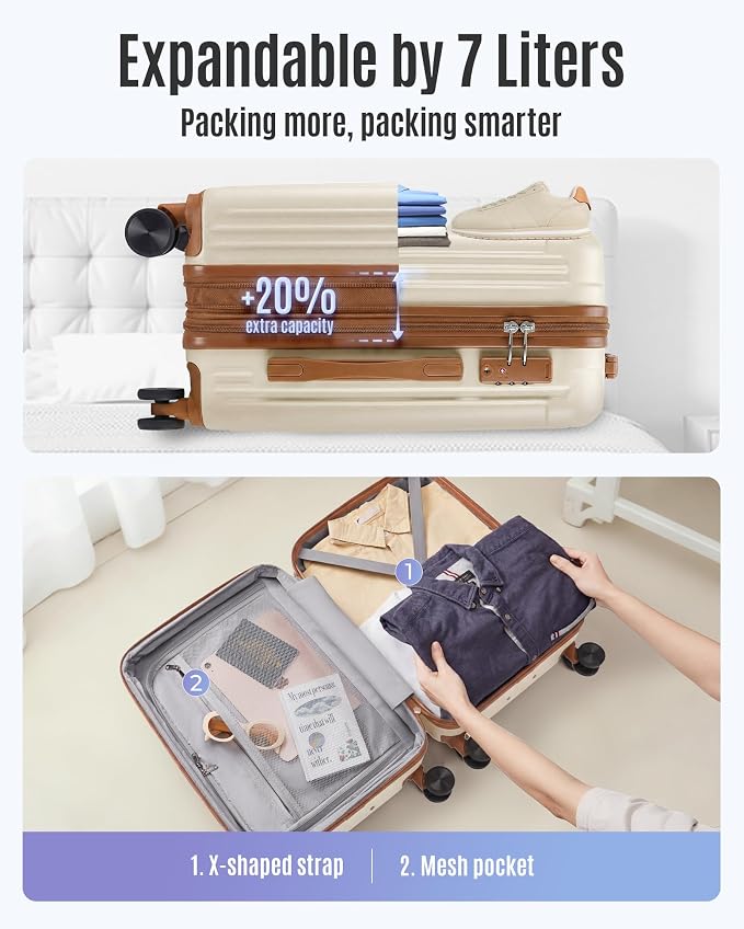 LIGHT FLIGHT Carry On Luggage 22x14x9 Airline Approved, Beige and Brown | Airline Approved, Durable Hard Shell with Wheels, Expandable Hardside, Lightweight, TSA Lock - Image 6