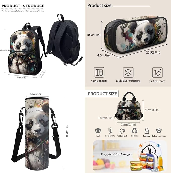 4PCS Kids Watercolor Panda Black Travel Bookbag Backpack Lunch Bag Shoulder Crossbody Handbags with Thermal Insulated Pen Carrying Case Purse for Girls Boys Teenagers Hiking Daypack - Image 3