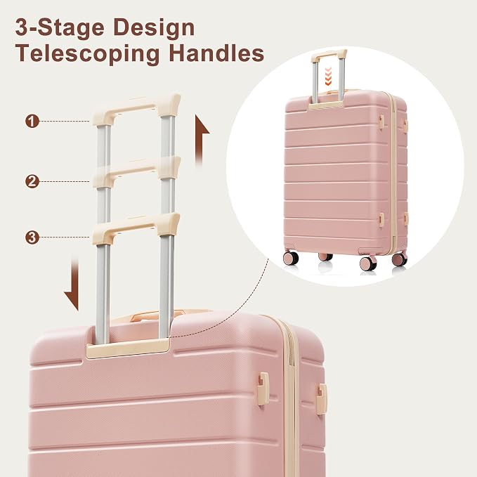 Hardshell Luggage Sets, Lightweight Stripes Suitcases with Spinner Wheels, Pink 6pcs - Image 5
