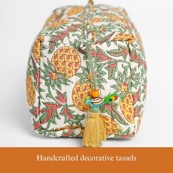 Saffron Marigold Quilted Makeup Bag Set of 3, Hand Block Printed Cotton Cosmetic Bags for Women, Waterproof Lined Travel Toiletry Bag, Coquette Aesthetic, Handmade Gift, Pineapple Grove - Image 3