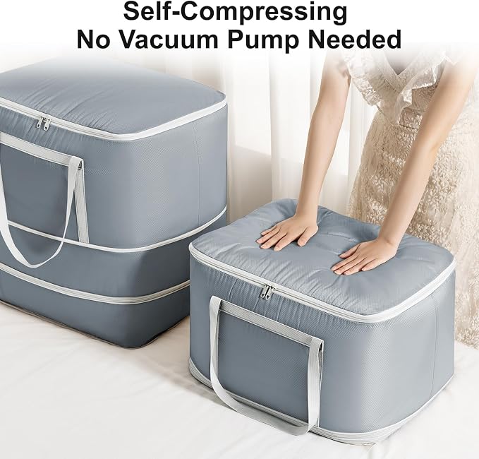 Comforter Storage Bag - 120L Bedding Storage Bags for Moving Closet, Washable Blanket Storage Bag, Ultra Space Saving Self Compression Organizer, 4-Pack, Grey - Image 3