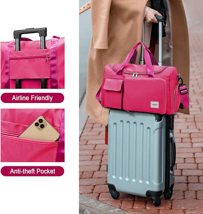WOOMADA Foldable Travel Duffel Bag with Shoes Compartment, Overnight Bag with Wet Pocket & Trolley Sleeve, Weekender Bags for Women(A-rose red) - Image 6