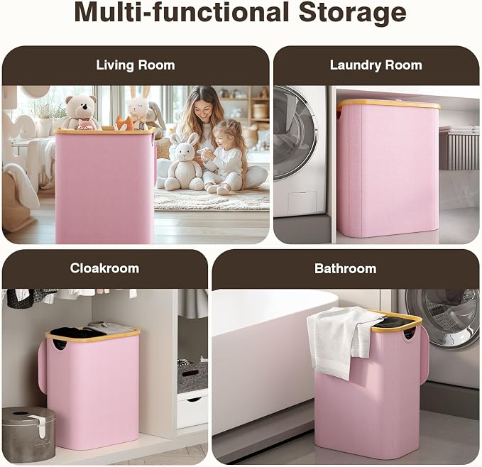 Hampers for Laundry Basket with Lid, 160L Large Laundry Hamper 3 Section | Dirty Clothes Hamper Separator with 3 Removable Bags & 5 Labels, Divided Laundry Organizer for Bedroom, Laundry Room, Pink - Image 6