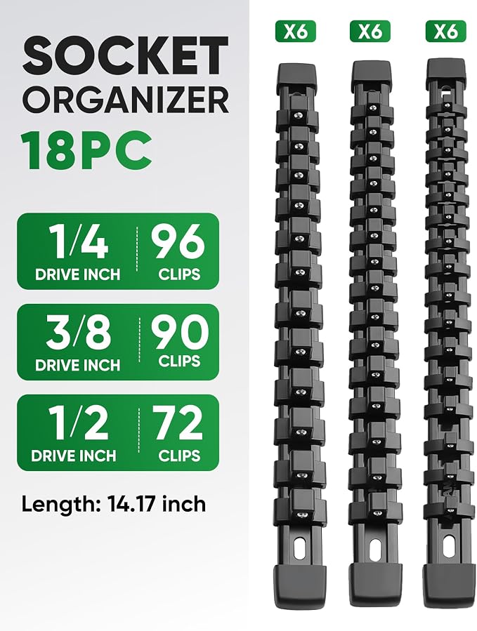 ALOANES 18PC Socket Organizer, Socket Rails Fit 1/2", 1/4" and 3/8" Drive | Heavy Duty ABS Socket Holders Hold up 258 Sockets for Toolbox Drawer Bags(Black) - Image 2