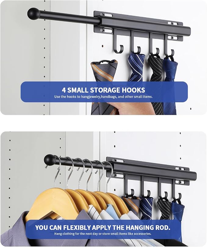 BaiNong Valet Rod for Closets Pull Out 12" Black with 4 Hooks (2Pack) | Closet Valet Rod Slide Out for Closets, Laundry Rooms, RVs Space-Saving - Image 3