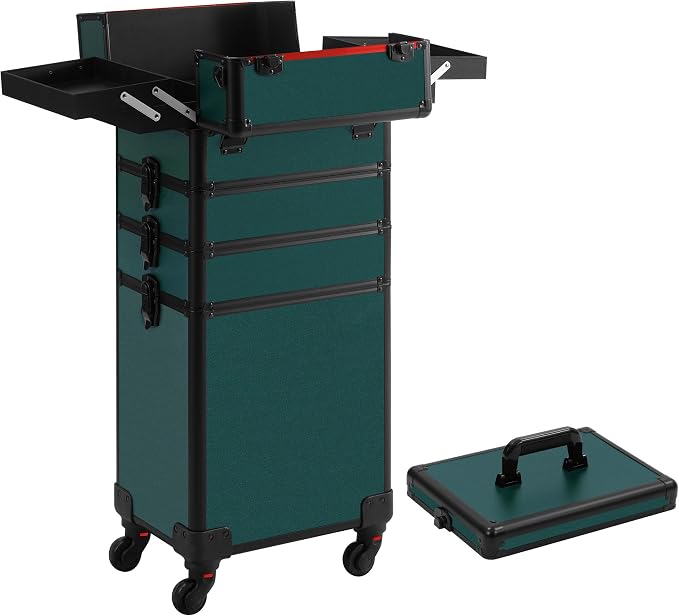 Somduy Makeup Train Case, Rolling Makeup Case with Lid, 5 in 1 Cosmetology Case on Wheels, Christmas Gift, Large Makeup Case Organizers, Profesional Cosmetic Case for Salon Barber, Black Green - Image 8